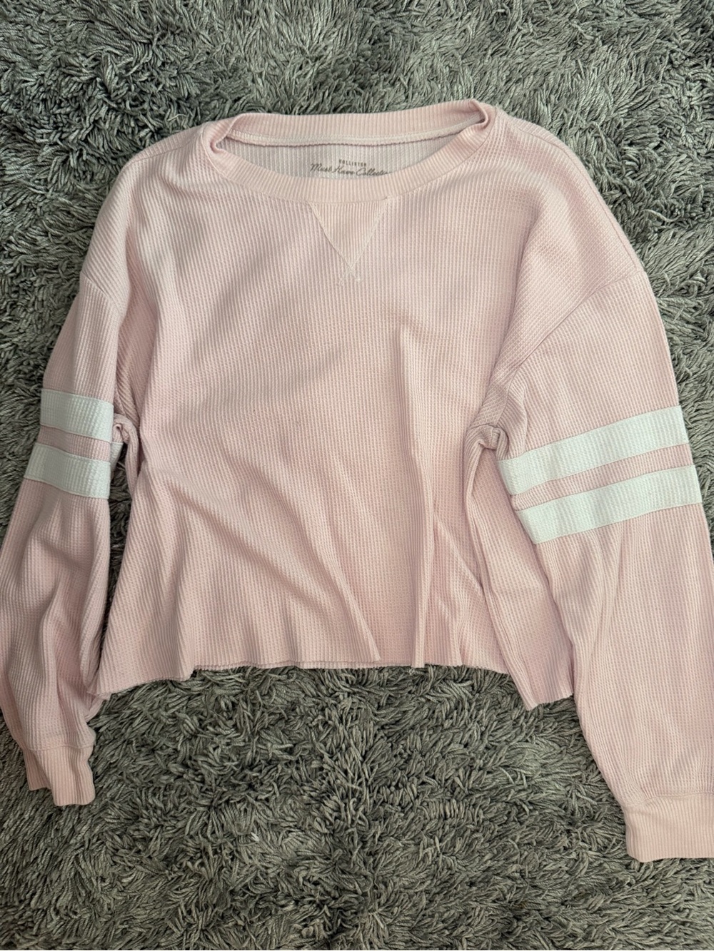 Hollister Light Pink Waffle-Knit Crewneck with White Sleeve Stripes